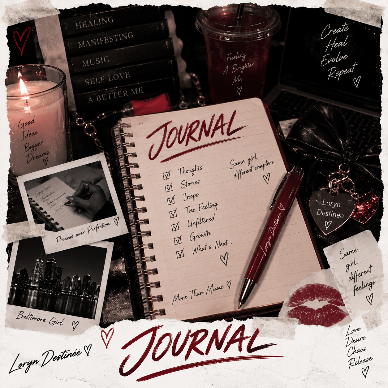 Personal journal collage with notebook, pen, and handwritten reflections