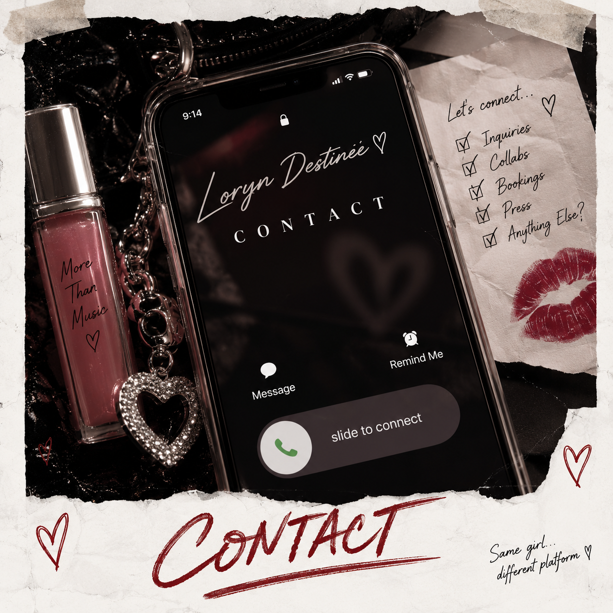 Contact collage with phone, handwritten inquiry list, and heart charm