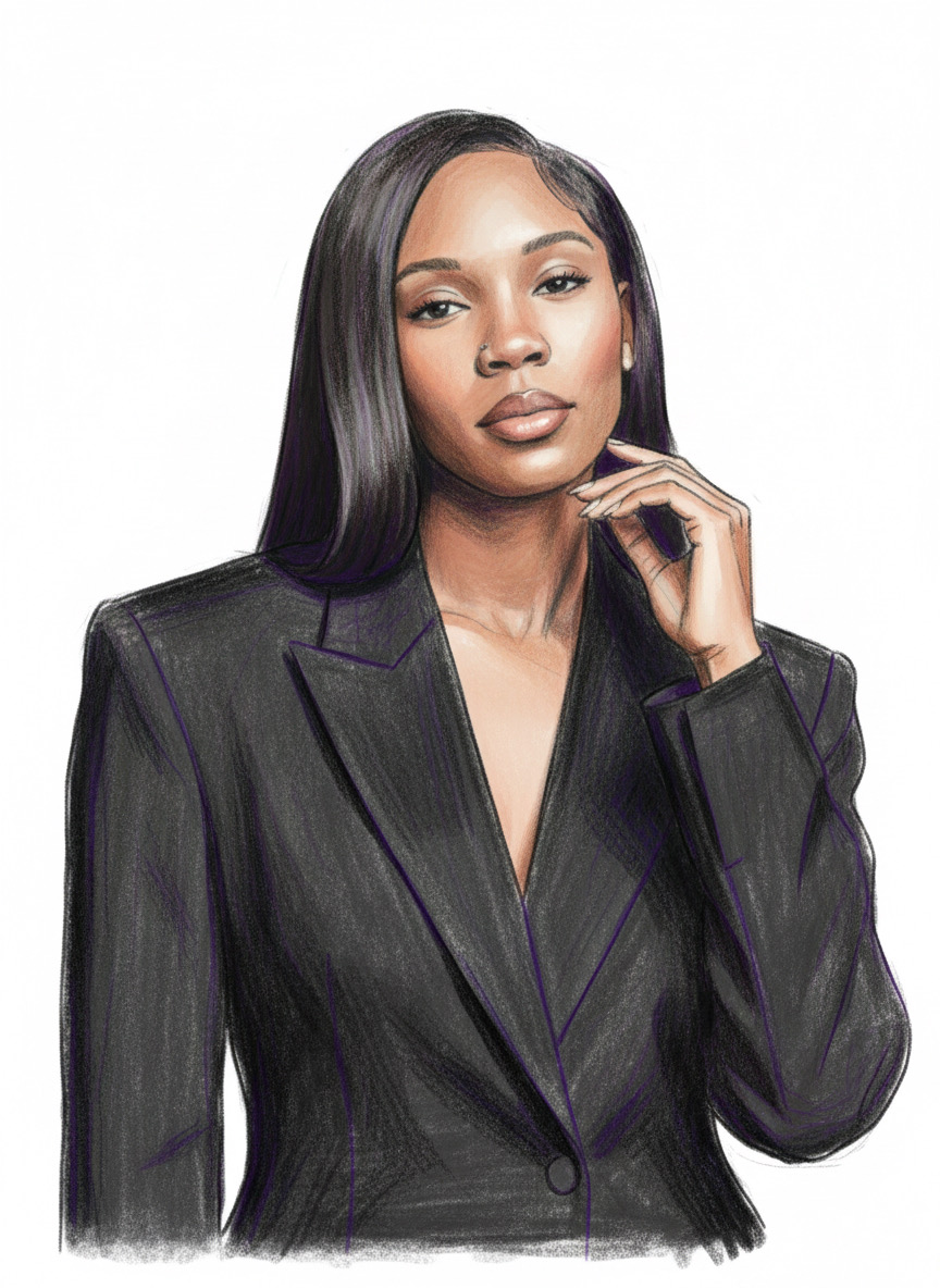 Illustration of Loryn Destinée in a black blazer
