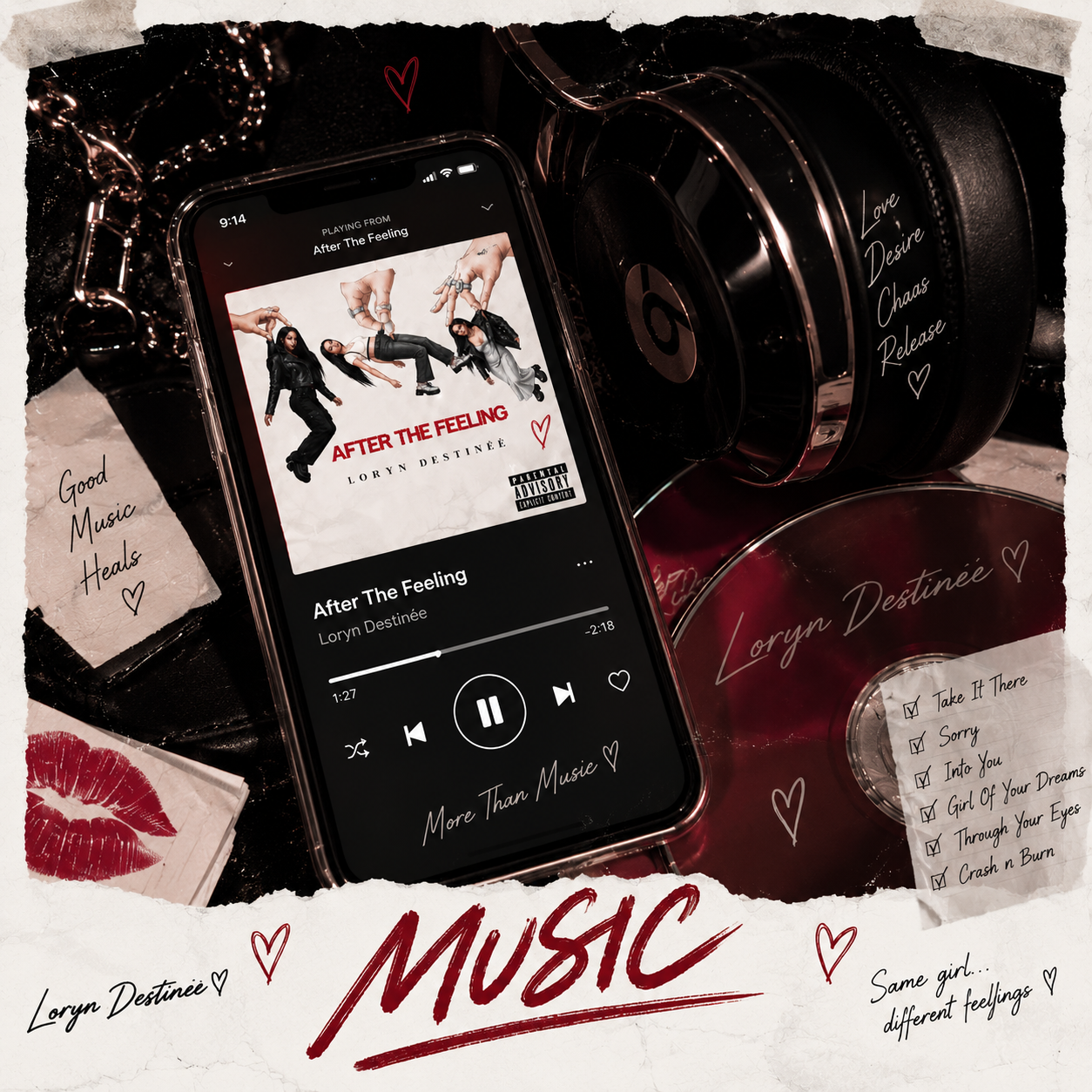 After the Feeling music collage with headphones, phone, and album artwork