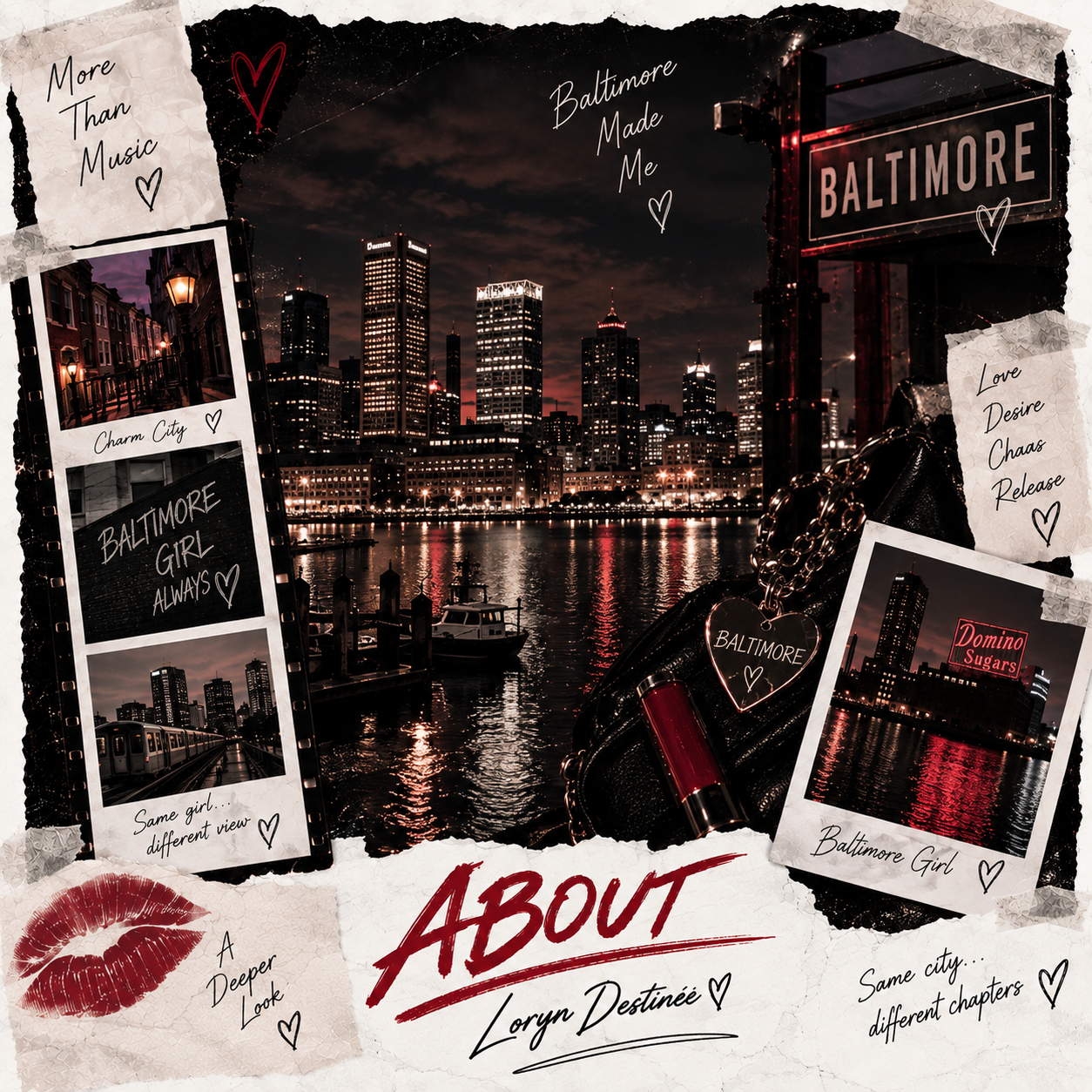 Baltimore at night in an editorial collage about Loryn Destinée